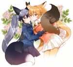  2girls :o alternate_hairstyle animal_ears black_bow black_bowtie black_gloves black_necktie black_skirt blazer blonde_hair blue_jacket blush bow bowtie breasts brown_eyes cheek-to-cheek cowboy_shot cropped_legs eyebrows eyebrows_visible_through_hair eyelashes ezo_red_fox_(kemono_friends) floral_background flower fox_ears fox_tail from_side fumako fur-trimmed_sleeves fur_trim gloves gradient gradient_hair gradient_legwear grey_hair hair_between_eyes hand_on_another&#039;s_hip holding_tail jacket kemono_friends leaf long_hair long_sleeves looking_at_viewer medium_breasts multicolored multicolored_clothes multicolored_hair multicolored_legwear multiple_girls necktie open_mouth orange_jacket outline pantyhose pink_flower pleated_skirt silver_fox_(kemono_friends) silver_hair skirt smile tail tsurime twintails two-tone_hair two-tone_legwear very_long_hair white_background white_bow white_bowtie white_hair white_legwear white_outline yellow_legwear yellow_necktie 