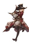  1girl bard_(granblue_fantasy) belt blonde_hair boots brown_eyes djeeta_(granblue_fantasy) full_body granblue_fantasy harp hat holding instrument long_coat looking_at_viewer minaba_hideo official_art one_leg_raised open_mouth pants short_hair smile solo standing thigh-highs thigh_boots transparent_background 