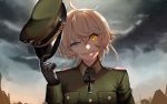  1girl absurdres ahoge black_gloves blonde_hair blue_eyes clouds cloudy_sky commentary_request evil_grin evil_smile fangs gloves glowing glowing_eye grin hair_between_eyes hat hat_removed headwear_removed heterochromia highres holding holding_hat iron_cross long_sleeves looking_at_viewer military military_hat military_uniform ruins shiny short_hair sky smile solo tanya_degurechaff uniform upper_body y.i._(lave2217) yellow_eyes youjo_senki 