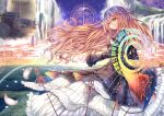  1girl brown_eyes brown_hair dress gradient_hair hijiri_byakuren kantarou_(nurumayutei) long_hair magic_circle multicolored_hair palanquin_ship petals purple_hair revision smile solo sorcerer&#039;s_sutra_scroll touhou very_long_hair 