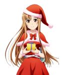  1girl asuna_(sao) bow bowtie box brown_eyes brown_hair capelet cowboy_shot dress gift gift_box hat head_tilt holding holding_box long_hair looking_at_viewer red_bow red_bowtie red_dress red_hat santa_costume santa_hat sheath sheathed solo standing sword sword_art_online transparent_background very_long_hair weapon wrist_cuffs 