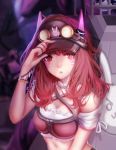  &gt;:3 1girl :3 alternate_costume arm_at_side armband bangs bare_shoulders bracelet breasts brown_eyes brown_hair brown_hat choker cleavage d.va_(overwatch) eyelashes facepaint facial_mark feng_yezi frilled_choker frills goggles goggles_on_headwear hand_on_headwear hand_up hat highres jewelry long_hair looking_at_viewer medium_breasts open_mouth overwatch slit_pupils solo upper_body visor_cap whisker_markings 