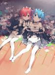  2girls apron blue_eyes blue_hair blue_ribbon bow breasts dated detached_collar detached_sleeves flower hair_ornament hair_over_one_eye hair_ribbon highres maid maid_headdress mouth_hold multiple_girls no_shoes open_mouth panties panty_pull ram_(re:zero) re:zero_kara_hajimeru_isekai_seikatsu red_eyes red_ribbon redhead rem_(re:zero) ribbon ribbon_in_mouth short_hair siblings side-tie_panties signature sisters small_breasts triangle_mouth twins underwear undressing waist_apron white_panties wide_sleeves x_hair_ornament zhongye_yu 