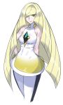  1girl arms_behind_back bare_arms bare_shoulders blonde_hair blush breasts commentary_request crystal diamond dress evuoaniramu green_eyes hair_over_one_eye hand_on_hip leggings long_hair looking_at_viewer lusamine_(pokemon) medium_breasts multicolored multicolored_clothes multicolored_dress pokemon pokemon_(game) pokemon_sm revision short_dress sleeveless sleeveless_dress smile solo standing striped striped_legwear very_long_hair 