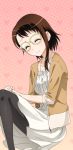  1girl black_legwear brown_hair brown_jacket closed_eyes collarbone dress glasses hands_together invisible_chair jacket nisekoi onodera_kosaki open_clothes open_jacket pantyhose short_hair_with_long_locks sitting smile solo sundress unzipped white_dress 