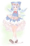  1girl bloomers blue_bow blue_eyes blue_hair blue_skirt bow brown_shoes cirno flower full_body hair_bow hair_flower hair_ornament head_wreath highres ice ice_wings lifted_by_self looking_at_viewer mary_janes miniskirt petticoat puffy_short_sleeves puffy_sleeves sakurea shoes short_hair short_sleeves skirt skirt_basket skirt_lift skirt_set smile socks solo touhou underwear vest walking white_legwear wings 