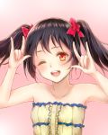  1girl ;d \m/ bare_shoulders black_hair blush bow center_frills collarbone double_\m/ hair_bow hands_up highres looking_at_viewer love_live! love_live!_school_idol_project moai715 nico_nico_nii one_eye_closed open_mouth pink_background red_eyes revision round_teeth short_hair smile solo strapless teeth twintails upper_body yazawa_nico 