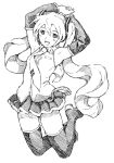  1girl armpits arms_up boots detached_sleeves full_body hatching_(texture) hatsune_miku headset long_hair miniskirt monochrome necktie open_mouth pleated_skirt shirt skirt sleeveless sleeveless_shirt smile solo thigh-highs thigh_boots traditional_media twintails very_long_hair vocaloid yug 
