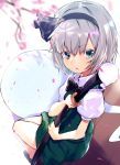  1girl asuzemu bad_hands black_bow black_bowtie black_hairband black_ribbon black_shoes bow bowtie collared_shirt green_eyes green_skirt green_vest hair_ribbon hairband konpaku_youmu konpaku_youmu_(ghost) looking_at_viewer open_mouth petals puffy_short_sleeves puffy_sleeves ribbon scabbard sheath sheathed shirt shoes short_hair short_sleeves silver_hair sitting skirt solo sword touhou vest weapon white_shirt 