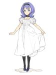  1girl almiria_bauduin black_legwear blue_eyes blush bow bowtie child dress gundam gundam_tekketsu_no_orphans hairband ooyari_ashito pantyhose puffy_short_sleeves puffy_sleeves purple_hair short_sleeves skirt skirt_lift smile solo white_background white_dress 