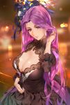  adjusting_hair alternate_costume black_dress black_ribbon blurry bokeh breasts cleavage depth_of_field dress fate/grand_order fate/stay_night fate_(series) flower hair_flower hair_ornament highres lace large_breasts light_particles long_hair purple_hair ribbon rider smile very_long_hair violet_eyes yang-do 