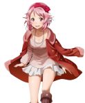  1girl :d bow breasts cleavage coat collarbone earmuffs hair_bow jewelry lisbeth looking_at_viewer medium_breasts miniskirt necklace open_clothes open_coat open_mouth pink_eyes pink_hair pink_sweater red_bow red_coat short_hair skirt smile solo standing sweater sword_art_online transparent_background white_skirt 