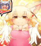  2girls animal_ears bangs blonde_hair blush bow bowtie breast_pocket breasts brown_eyes closed_mouth commentary_request eyebrows_visible_through_hair face fang fennec_(kemono_friends) fox_ears fox_tail gloves gradient_hair grey_hair half-closed_eyes heart japari_symbol kemono_friends looking_at_viewer medium_breasts multicolored_hair multiple_girls open_mouth pink_shirt pocket puffy_short_sleeves puffy_sleeves raccoon_(kemono_friends) raccoon_ears reaching_out saebashi shirt short_hair short_sleeves smile tail thought_bubble two-tone_hair upper_body yellow_bow yuri 