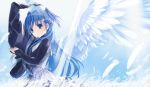  1girl angel_wings blue_eyes blue_hair chtholly_nota_seniorious dress feathered_wings feathers from_side hat hat_removed headwear_removed holding holding_hat light_smile long_hair long_sleeves looking_at_viewer shuumatsu_nani_shitemasu_ka? solo two_side_up ue_(ueueyokoyoko2) very_long_hair wings witch_hat 
