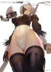  1girl artist_name black_hairband black_legwear blindfold breasts cleavage_cutout covered_eyes covered_navel english feather-trimmed_sleeves from_below hairband highleg highleg_leotard large_breasts leotard lips long_sleeves mole mole_under_mouth nier_(series) nier_automata parted_lips pod_(nier_automata) rak_(kuraga) silver_hair thigh-highs weapon_on_back white_leotard yorha_no._2_type_b 