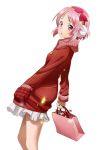  1girl bow coat dutch_angle from_side hairband holding lisbeth miniskirt open_mouth pink_eyes pink_hair red_bow red_coat red_hairband short_hair skirt solo standing sword_art_online transparent_background white_skirt 