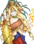  1girl aztec blonde_hair bracer breasts circlet cleavage commentary_request earrings evil_grin evil_smile fate/grand_order fate_(series) fingernails fire green_eyes green_nails grin headdress highres holding holding_weapon jewelry kan_(aaaaari35) long_hair macuahuitl midriff nail_polish necklace poncho quetzalcoatl_(fate/grand_order) shaded_face sharp_fingernails sharp_teeth smile solo sword teeth weapon 