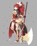  1girl armor armored_boots axe boots company_name curly_hair flower full_body gloves grey_background gyakushuu_no_fantasica hair_flower hair_ornament leaf long_hair millgua official_art orange_eyes petals ponytail redhead simple_background weapon 