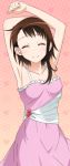  1girl armpits arms_up breasts brown_hair cleavage collarbone cowboy_shot dress medium_breasts nisekoi onodera_kosaki pink_dress short_hair_with_long_locks sidelocks sleeveless sleeveless_dress solo standing 