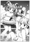  3girls bikini bow character_request clouds copyright_request covered_navel hair_bow hair_ribbon hair_rings highres innertube knees_together_feet_apart monochrome multiple_girls ocean one_eye_closed open_mouth ribbon sky smile striped striped_bikini swimsuit twintails volleyball wet yug 
