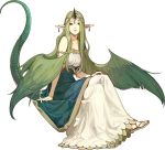 1girl bare_shoulders bracelet breasts circlet cleavage dragon_tail earrings fire_emblem fire_emblem_echoes:_mou_hitori_no_eiyuuou full_body green_eyes green_hair hidari_(left_side) horn jewelry long_hair mila_(fire_emblem) nail_polish official_art pointy_ears sandals sitting solo tail teeth transparent_background very_long_hair wings 