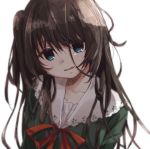  1girl blue_eyes blurry blush brown_hair depth_of_field highres long_hair looking_at_viewer nikotamu one_side_up open_mouth smile solo tamasaka_makoto tokyo_7th_sisters upper_body white_background 