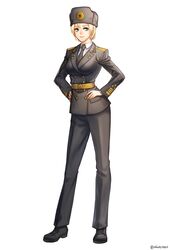  1girl aken black_necktie black_shoes blonde_hair blue_eyes breasts closed_mouth dungeon_and_fighter epaulettes formal full_body hands_on_hips hat highres large_breasts long_sleeves looking_at_viewer military military_uniform necktie pant_suit pointy_ears shoes short_hair smile solo standing suit uniform 