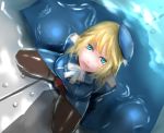 1girl ascot atago_(kantai_collection) beret blonde_hair blue_coat blue_eyes blurry breasts clothes_spread_out commentary depth_of_field from_above hat in_water kantai_collection kneeling large_breasts lips long_hair looking_at_viewer metal_plate pantyhose solo thighband_pantyhose yamashita_tomu 