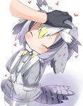  1girl bird_tail black_gloves blush buttons closed_eyes coat gloves grey_hair head_wings heart kaban_(kemono_friends) kemono_friends makuran multicolored_hair northern_white-faced_owl_(kemono_friends) out_of_frame pantyhose petting short_hair simple_background solo solo_focus tail white_background white_legwear wide_sleeves younger 