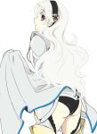  1girl armor ass black_panties cape cowboy_shot fire_emblem fire_emblem_if from_behind hairband ijiro_suika long_hair looking_at_viewer looking_back my_unit_(fire_emblem_if) open_mouth panties red_eyes simple_background solo underwear white_background white_hair 