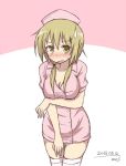  1girl blonde_hair blush breast_lift breasts cleavage embarrassed eyebrows_visible_through_hair hat ichii_yui large_breasts looking_at_viewer medium_hair mel_(melty_pot) nurse nurse_cap open_mouth solo sweatdrop yellow_eyes yuyushiki 