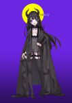  1girl artist_name black_dress black_hair boots breasts cape contrapposto demon_horns detached_collar dress facial_mark full_body garter_straps hand_on_hip high_heel_boots high_heels highres horns original purple_background shenq small_breasts smile solo thigh-highs thigh_boots violet_eyes 