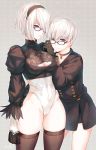  1girl aki663 bespectacled black_dress black_hairband blue_eyes blush breasts couple dress feather-trimmed_sleeves glasses glasses_background gloves hairband headband leotard looking_at_viewer mole mole_under_mouth nier_(series) nier_automata no_blindfold short_hair smile thigh-highs white_hair white_leotard yorha_no._2_type_b yorha_no._9_type_s 