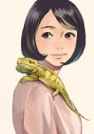  1girl bearded_dragon black_eyes black_hair furoshiki_(artist) lizard original reptile self-portrait short_hair smile solo 