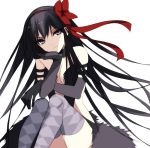  10s 1girl absurdres akemi_homura akuma_homura argyle argyle_legwear black_dress black_eyes black_gloves black_hair bow breasts chin_rest cleavage dress elbow_gloves floating_hair gloves hair_bow hairband headphones highres long_hair mahou_shoujo_madoka_magica mahou_shoujo_madoka_magica_movie medium_breasts misteor red_bow red_hairband simple_background sitting sleeveless sleeveless_dress solo strapless strapless_dress thigh-highs very_long_hair white_background 