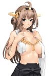  1girl ahoge black_skirt blue_eyes blush breasts brown_hair double_bun hairband headgear highres kantai_collection kongou_(kantai_collection) large_breasts long_hair looking_at_viewer no_bra siesta_(artist) simple_background skirt solo torn_clothes upper_body white_background 