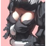  1girl aconitea breast_hold breasts cleavage close-up gloves grabbing_own_breast head_out_of_frame highres medium_breasts nier_(series) nier_automata pink_background short_hair silver_hair simple_background solo yorha_no._2_type_b 