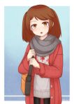  1girl :o bag brown_hair coat eyebrows highres holding_bag jacy kantai_collection open_mouth pantyhose ryuujou_(kantai_collection) scarf simple_background snowing solo sweater twintails yellow_eyes 