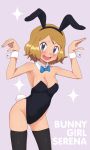  1girl absurdres animal_ears arms_up black_legwear black_leotard blue_bow blue_bowtie blue_eyes bow bowtie breasts brown_hair bunny_tail bunnysuit character_name cleavage detached_collar gazing_eye grey_background highres leotard looking_at_viewer open_mouth pokemon pokemon_(anime) rabbit_ears serena_(pokemon) short_hair solo sparkle strapless strapless_leotard tail thigh-highs wrist_cuffs 