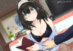  1girl bare_shoulders black_hair blue_eyes blush book bra breasts cleavage clothes_pull dated hairband holding holding_book idolmaster idolmaster_cinderella_girls jewelry long_hair looking_at_viewer medium_breasts mokyutan open_clothes pendant sagisawa_fumika solo_focus sweater sweater_pull underwear 