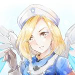  1girl alternate_hairstyle armband blonde_hair blush combat_medic_ziegler face gloves hat long_sleeves mechanical_wings mercy_(overwatch) mild_derp_face overwatch parted_lips solo upper_body wings yellow_eyes zrae 