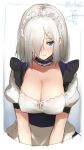  1girl apron artist_name blue_eyes blush breasts choker cleavage collarbone embarrassed hair_ornament hair_over_one_eye hairclip hamakaze_(kantai_collection) isshiki_(ffmania7) kantai_collection large_breasts long_hair looking_at_viewer maid_headdress silver_hair sketch solo twitter_username upper_body waist_apron wavy_mouth 