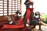  5girls :d architecture black_hair black_pants black_shirt blush cape chibi demon_archer east_asian_architecture fate/grand_order fate_(series) hat highres japanese_clothes keikenchi_(style) koha-ace long_hair long_sleeves military military_hat military_uniform multiple_girls multiple_persona o_o open_mouth pants peaked_cap red_cape red_eyes shirt shunichi sitting smile translation_request uniform v_arms 