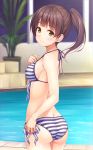  1girl ass bangs bikini blurry blush breasts brown_eyes brown_hair butt_crack cowboy_shot depth_of_field eyebrows_visible_through_hair from_behind hand_on_own_chest high_ponytail horizontal_stripes katou_megumi long_hair looking_at_viewer looking_back medium_breasts pasdar plant ponytail pool poolside potted_plant saenai_heroine_no_sodatekata side-tie_bikini sideboob smile solo standing striped striped_bikini swimsuit twisted_torso 