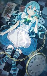  1girl alice_(wonderland) alice_in_wonderland apron black_bow black_bowtie blue_bow blue_dress blue_eyes blue_hair bow bowtie card checkered clock dress eyebrows_visible_through_hair from_above garter_straps hair_between_eyes hair_bow highres long_hair looking_at_viewer lying on_back original shiino_sera_(gelatin) short_dress short_sleeves solo striped striped_legwear thigh-highs white_apron white_bow 