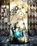  1boy bananaxcs7 blonde_hair blue_eyes boots capelet gloves headphones instrument kagamine_len keyboard_(instrument) leaning_back light_bulb male_focus microphone microphone_stand photo_(object) pout project_diva_(series) sheet_music sitting sketch solo speaker television text tile_floor tiles vocaloid wire 
