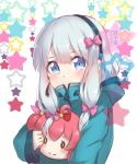  1girl black_hairband blue_eyes blue_hair blush bow closed_mouth dated ero_manga_sensei eromanga_sensei hair_bow hairband hoshikuzu_witch_meruru izumi_sagiri long_hair looking_at_viewer meisenraku meruru_(oreimo) pink_bow solo star starry_background upper_body zipper 