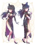  1girl asymmetrical_gloves black_dress black_gloves black_hair blake_belladonna bow breasts china_dress chinese_clothes cleavage commentary_request dress elbow_gloves fan floral_print folding_fan gloves hair_bow high_heels iesupa rwby solo thighs white_gloves yellow_eyes 