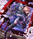  absurdres architecture black_bow bow cherry_blossoms dutch_angle east_asian_architecture fate/grand_order fate_(series) full_body hasaya highres japanese_clothes katana koha-ace looking_at_viewer night petals running sakura_saber scarf sheath shinsengumi shrine sky smile stairs star_(sky) starry_sky sword thigh-highs thighs toes torii unsheathing vambraces weapon wind yellow_eyes zettai_ryouiki 