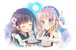  ! 2girls :d ^_^ ama_usa_an_uniform animal_ears blonde_hair blue_eyes blush brown_hair closed_eyes dango eating eyebrows_visible_through_hair fleur_de_lapin_uniform flower food gochuumon_wa_usagi_desu_ka? hair_flower hair_ornament hair_ribbon kirima_sharo long_hair looking_at_another maid maid_headdress mitsumomo_mamu multiple_girls open_mouth rabbit_ears ribbon short_hair smile takoyaki tray ujimatsu_chiya wagashi white_ribbon 